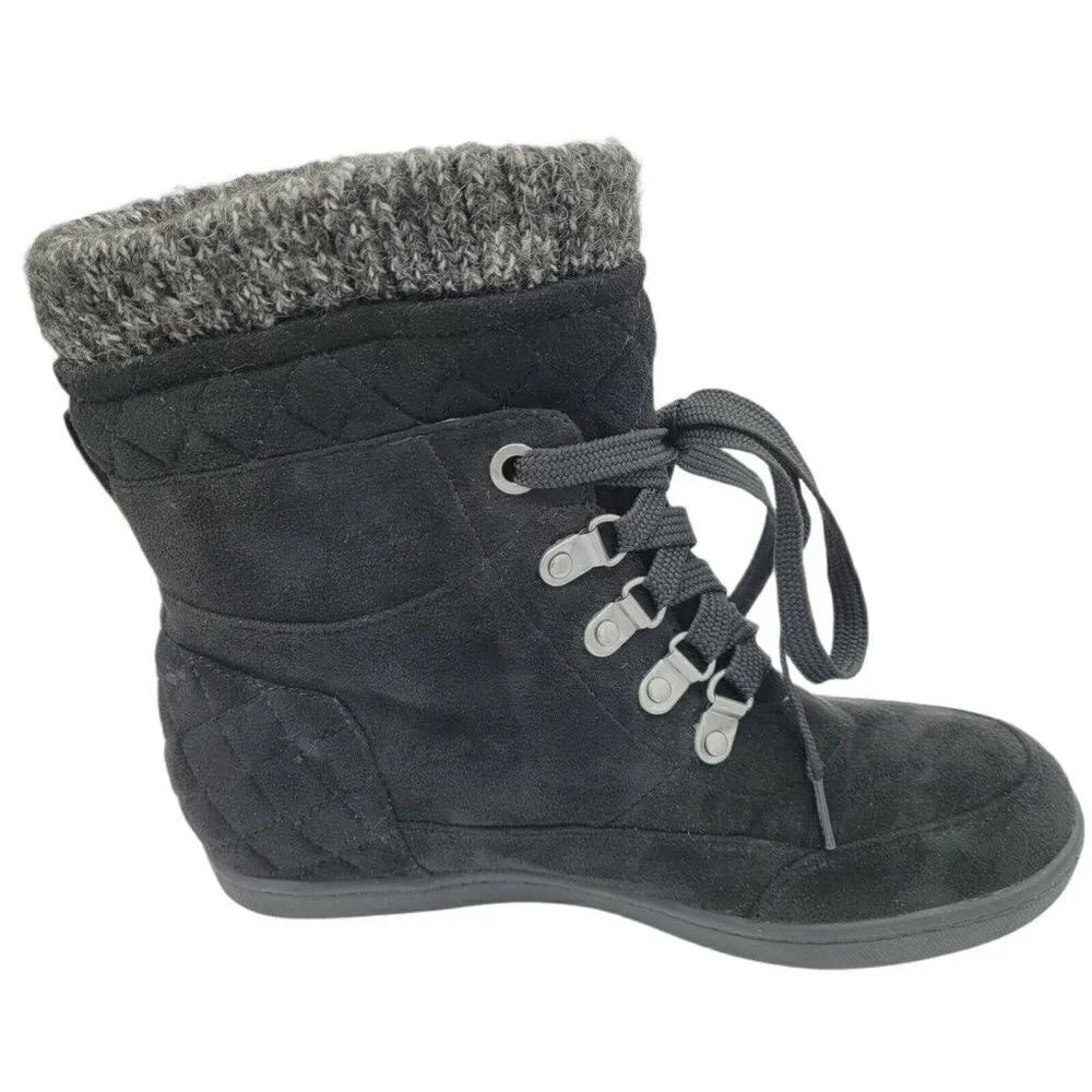G BY GUESS Sz 6 Black Microsuede Ankle Boots Quilted Heel Lace Up Knitted NWOT